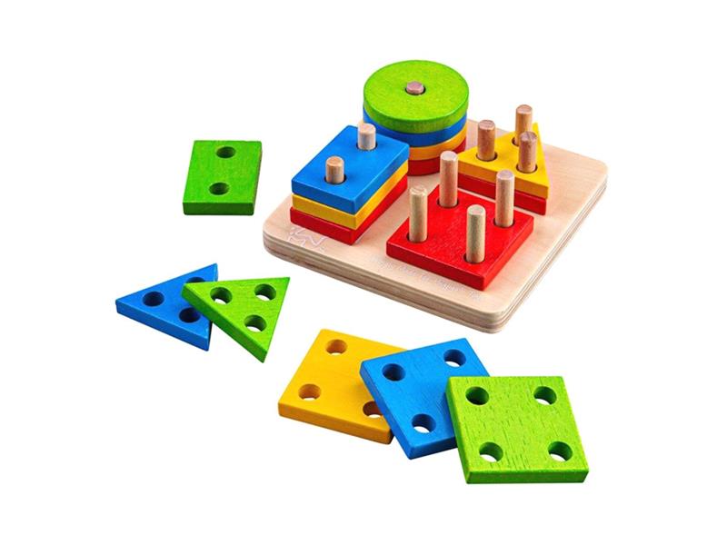 Dětská hra BIGJIGS TOYS Nasazování barevných tvarů na tyče dřevěná