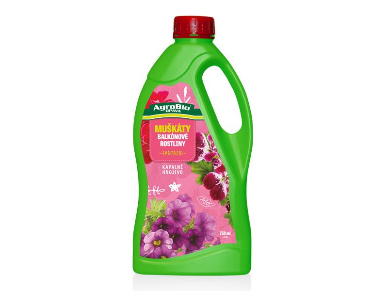 Hnojivo kapalné AgroBio Fantazie Muškáty a balkónové rostliny 750 ml