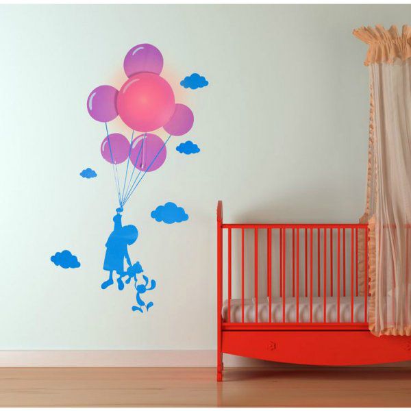 Samolepka a světlo na zeď - dítě s balonky Kokiska