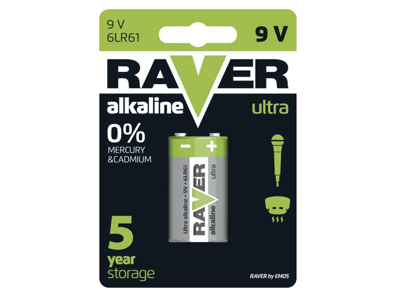 Baterie 6F22 (9V) alkalická RAVER