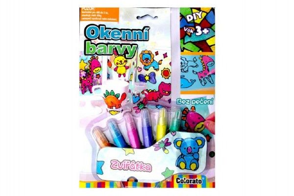 Okenní barvy třpytivé zvířátka 6ks + předlohy na kartě 21x28x2cm Teddies