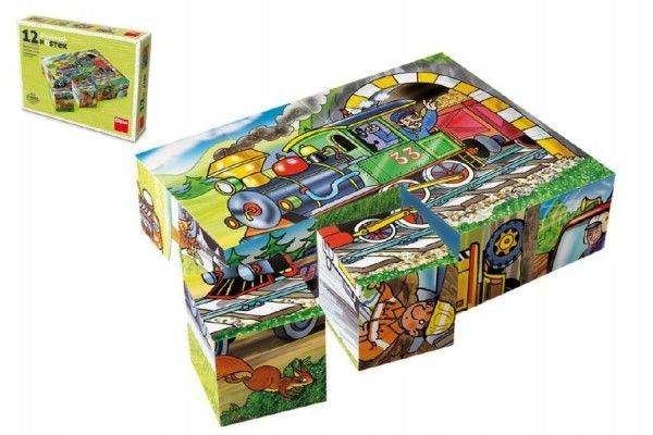 Kostky kubus Mašinka dřevo 12 ks v krabičce 16 x 12 x 4 cm Teddies