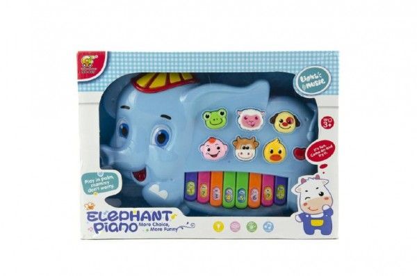 Teddies Piánko slon se zvířátky plast na baterie se zvukem se světlem v krabici 32x23x6 cm 28 cm Teddies