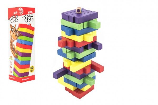 Hra věž dřevěná 60 ks barevných dílků společenská hra Teddies