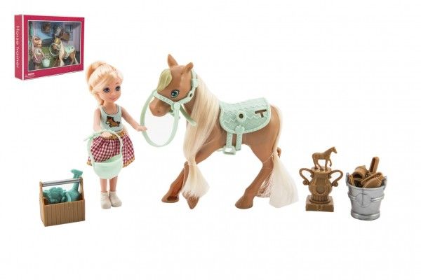 Teddies Panenka/žokejka 14cm kloubová s koněm plast s doplňky v krabici 30x23x6cm Teddies