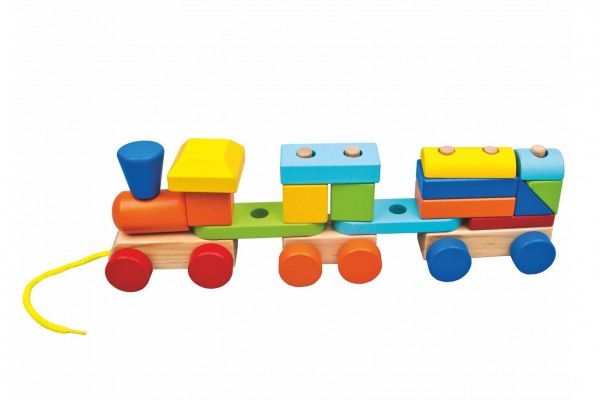 Vlak + 2 vagóny dřevo tahací stavebnice 19 dílků v krabičce 37x12x9cm 18m+ Teddies