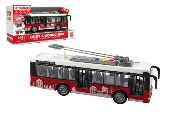 Autobus/trolejbus plast 28cm na setrvačník na bat. se světlem se zvukem v krabici 32x17x11cm Teddies