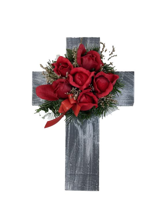 Kříž s umělou květinou v červené barvě