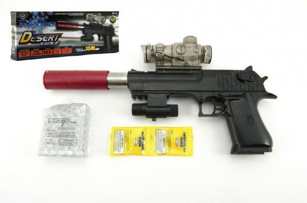 Teddies pistole plast/kov 33 cm na vodní kuličky náboje na baterie se světlem v krabici 34x13x4 cm Teddies