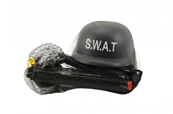 Teddies Sada SWAT helma+pistole na setrvačník s doplňky plast v síťce Teddies