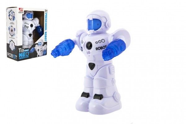 Robot jezdící plast 26cm EN mluvící na baterie se světlem se zvukem v krabici 22x28x11cm