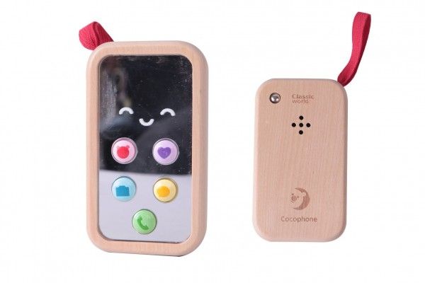 Telefon Mobil dřevo 11cm na baterie se zvukem v krabičce 8x12x4cm 10m+ Teddies