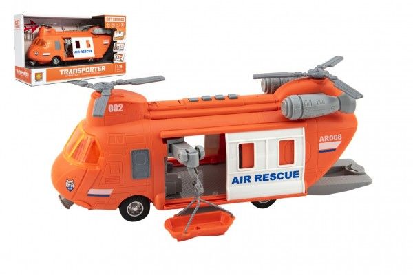 Vrtulník záchranářský plast 28cm na setrvačník na bat. se světlem se zvukem v krabici 32x19x12cm Teddies