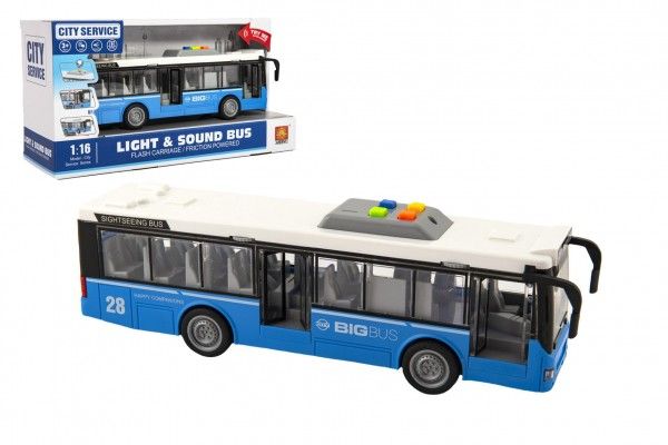 Autobus plast 28cm modrý na setrvačník na bat. se světlem se zvukem v krabici 32x17x11cm Teddies