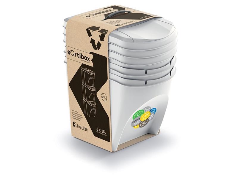 Koš na tříděný odpad SORTIBOX 3x25l popelavě šedý - rozbaleno