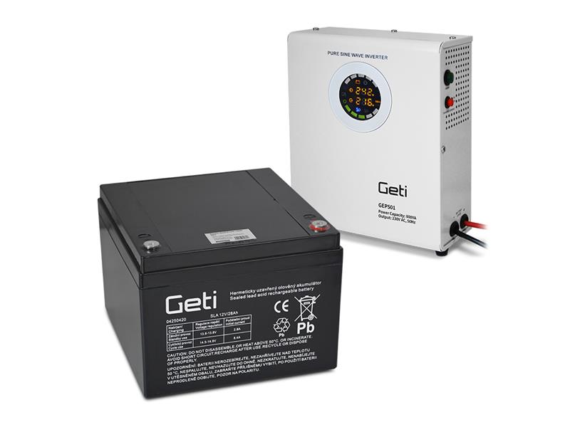 Zdroj záložní GETI GEP301 sinus 300W nástěnný + baterie 28Ah